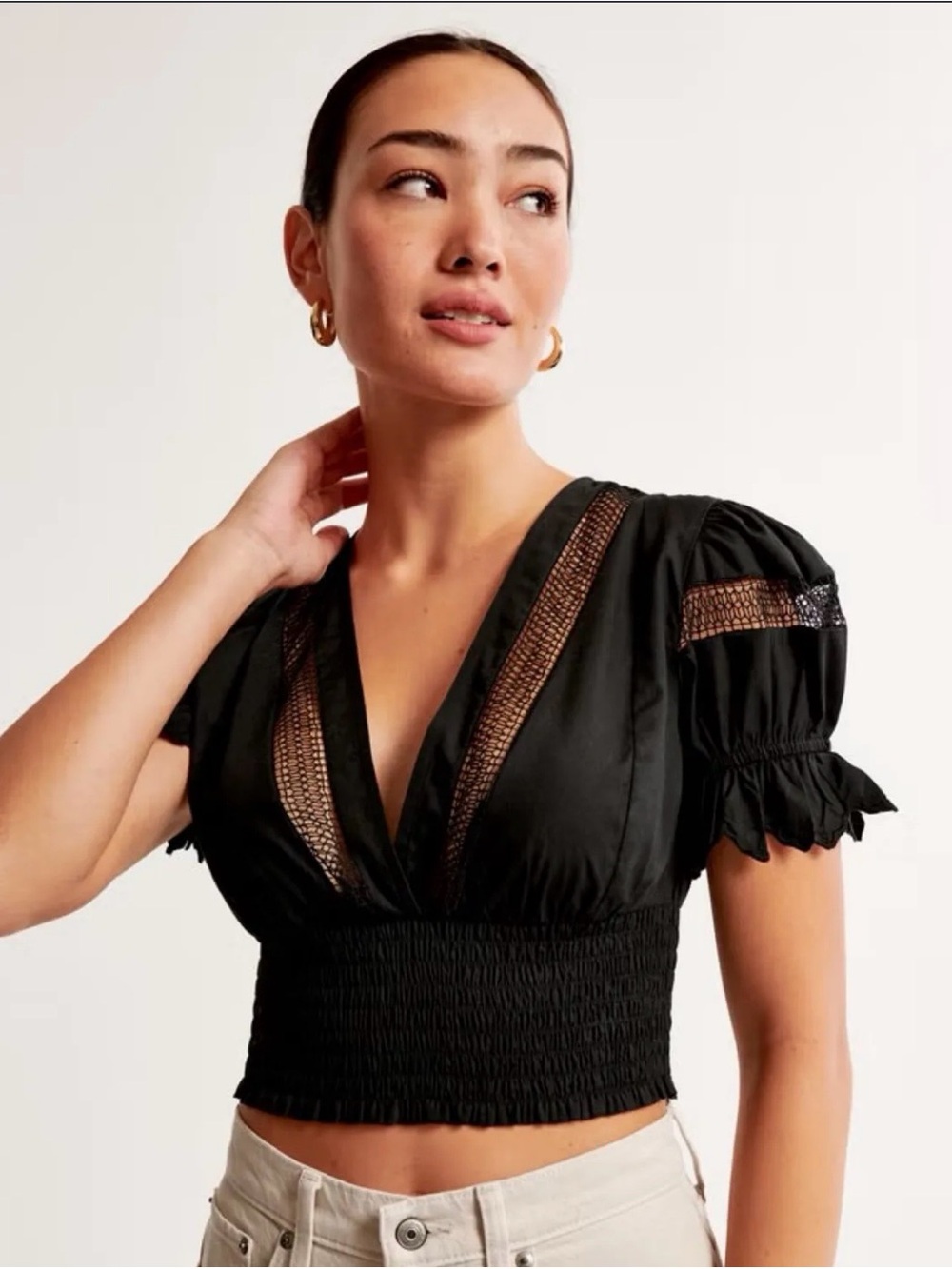 Abercrombie & Fitch Black V-Neck Smocked Lace Inset Crop Top with Puff Sleeve